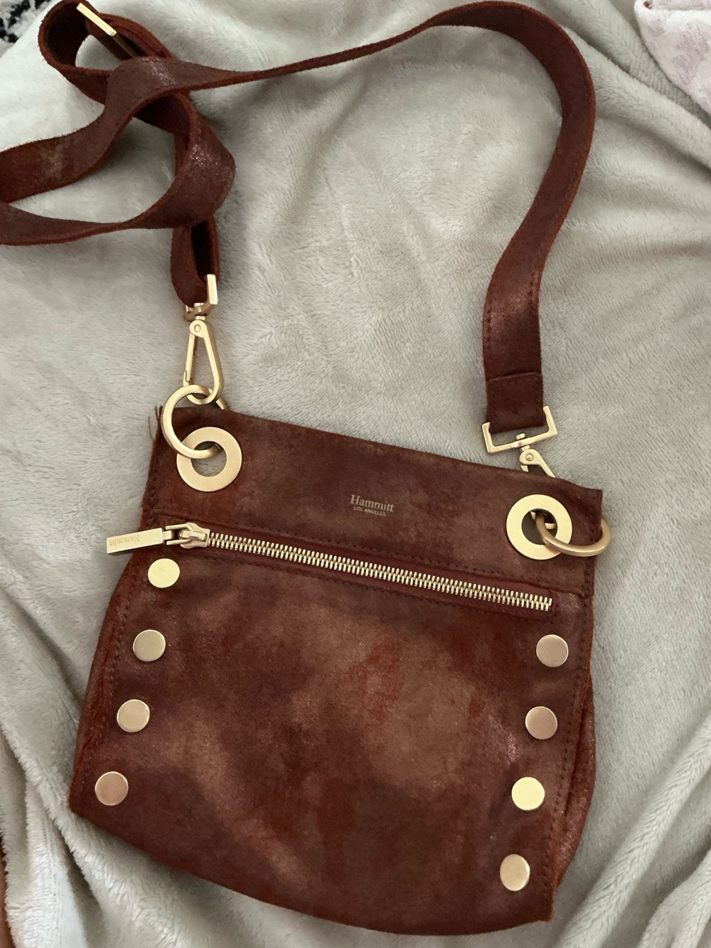 Hammitt Chocolate Brown Suede Crossbody with Gold Rings